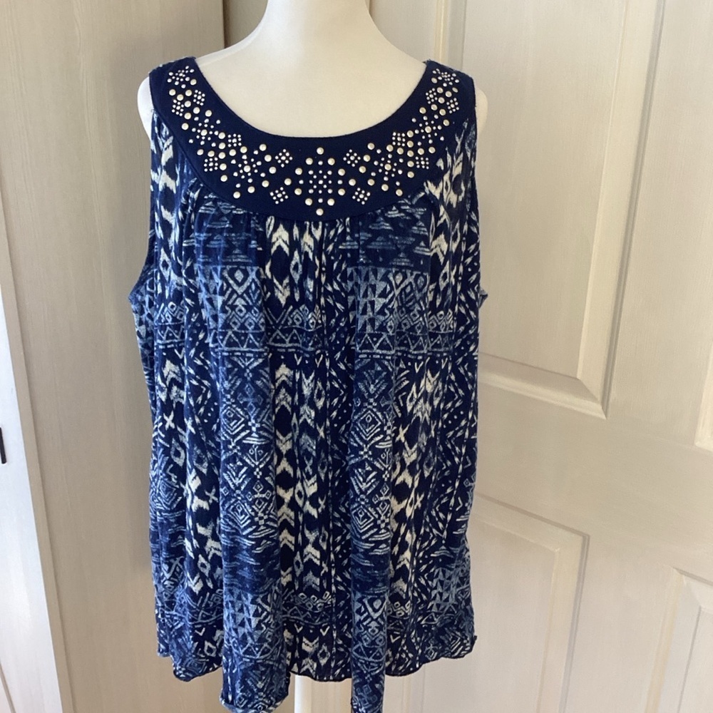 French Laundry Navy & Cream Sleeveless Embellished Blouse Sz 18/20
